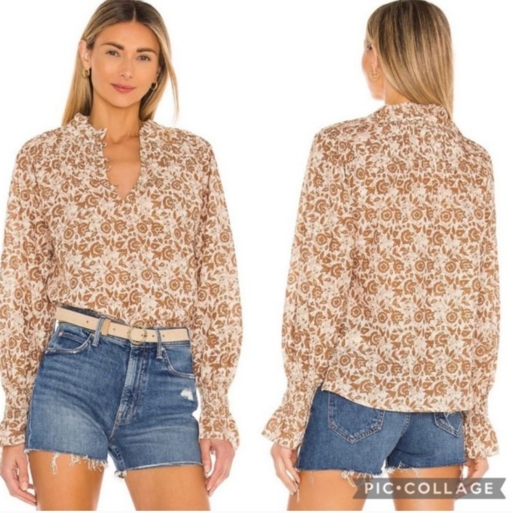 Cloebella Rezza Floral Neutral Metallic Smocked Sleeve Blouse Medium